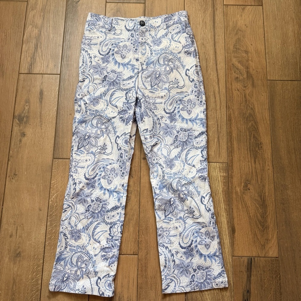 Zara Women Blue White Paisley Print Ankle Pants Slim Fit Boho Chic Size Large